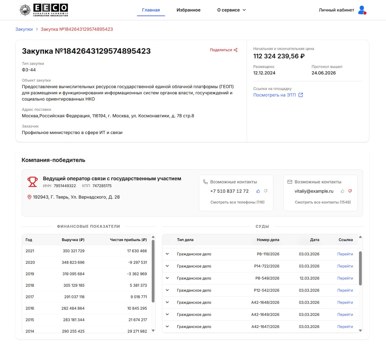 Карточка закупки: победитель, финансовые показатели и судебные дела